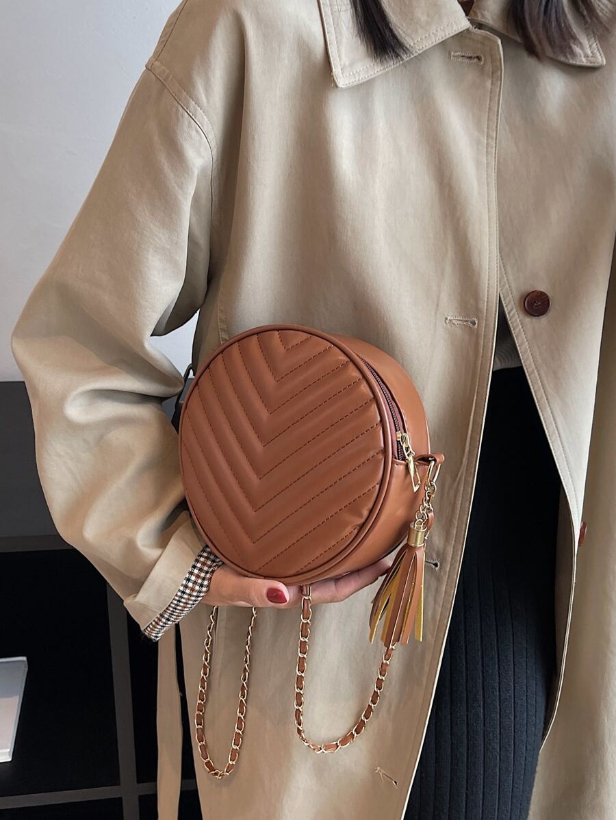 迷你流蘇裝飾鋸齒紋衍縫鏈條圓形包 - 棕色 - 查看 1