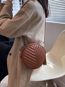 迷你流蘇裝飾鋸齒紋衍縫鏈條圓形包 - 棕色 - 查看 2