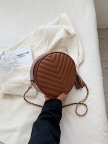 迷你流蘇裝飾鋸齒紋衍縫鏈條圓形包 - 棕色 - 查看 3