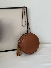 迷你流蘇裝飾鋸齒紋衍縫鏈條圓形包 - 棕色 - 查看 4