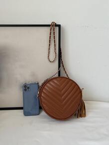迷你流蘇裝飾鋸齒紋衍縫鏈條圓形包 - 棕色 - 查看 5