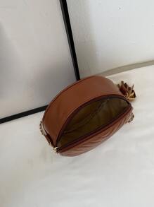 迷你流蘇裝飾鋸齒紋衍縫鏈條圓形包 - 棕色 - 查看 6