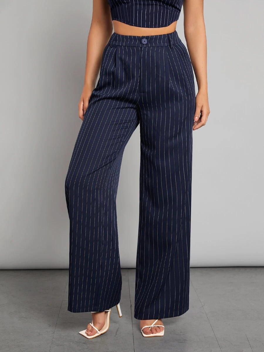 SHEINNeu Striped Wide Leg Pants - Navy Blue - View 1