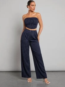 SHEINNeu Striped Wide Leg Pants - Navy Blue - View 3