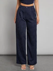 SHEINNeu Striped Wide Leg Pants - Navy Blue - View 4