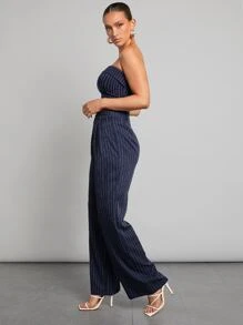 SHEINNeu Striped Wide Leg Pants - Navy Blue - View 5