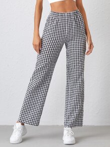 SHEIN Qutie Gingham Straight Leg Trousers - Black and White - View 1