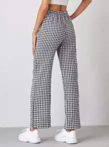SHEIN Qutie Gingham Straight Leg Trousers - Black and White - View 2