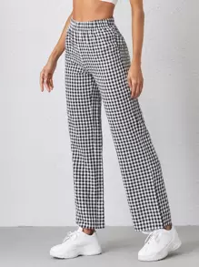 SHEIN Qutie Gingham Straight Leg Trousers - Black and White - View 3