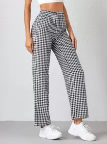 SHEIN Qutie Gingham Straight Leg Trousers - Black and White - View 5