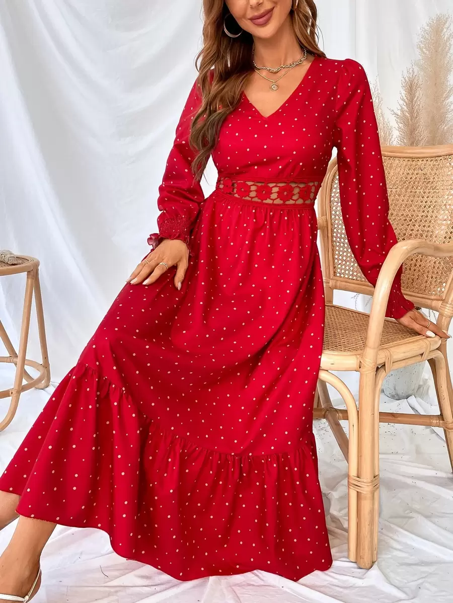 SHEIN Unity Polka Dot Guipure Lace Insert Flounce Sleeve Ruffle Hem Dress - Red - View 1