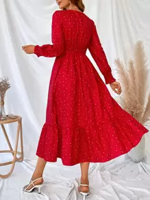 SHEIN Unity Polka Dot Guipure Lace Insert Flounce Sleeve Ruffle Hem Dress - Red - View 2