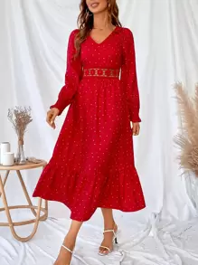 SHEIN Unity Polka Dot Guipure Lace Insert Flounce Sleeve Ruffle Hem Dress - Red - View 4