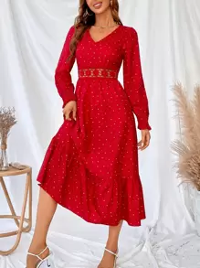 SHEIN Unity Polka Dot Guipure Lace Insert Flounce Sleeve Ruffle Hem Dress - Red - View 5