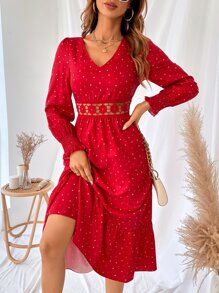 SHEIN Unity Polka Dot Guipure Lace Insert Flounce Sleeve Ruffle Hem Dress - Red - View 6
