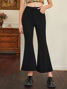 SHEIN EZwear 高腰喇叭褲 - 黑色 - 查看 2