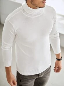 Manfinity Homme Men's Casual Letter Pattern Turtleneck Sweater, Autumn/Winter Letter Embroidery - White - View 3