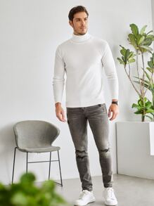 Manfinity Homme Men's Casual Letter Pattern Turtleneck Sweater, Autumn/Winter Letter Embroidery - White - View 4