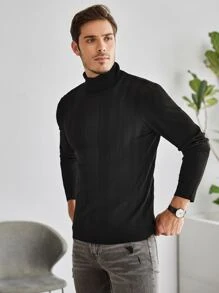 Manfinity Hombres Jersey cuello alto tejido de canalé - Negro - Ver 3