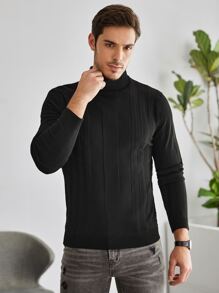 Manfinity Hombres Jersey cuello alto tejido de canalé - Negro - Ver 4