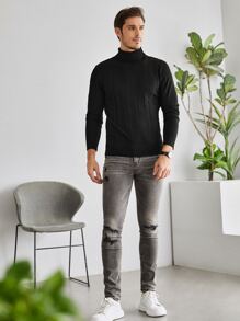 Manfinity Hombres Jersey cuello alto tejido de canalé - Negro - Ver 6