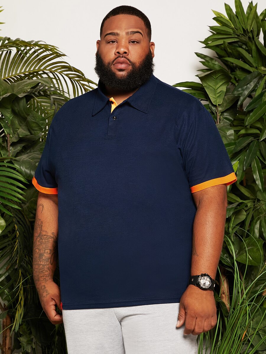 Manfinity Men Plus Contrast Trim Patch Detail Polo Shirt - Navy Blue - View 1