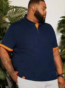 Manfinity Men Plus Contrast Trim Patch Detail Polo Shirt - Navy Blue - View 3