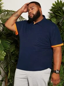 Manfinity Men Plus Contrast Trim Patch Detail Polo Shirt - Navy Blue - View 4