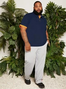 Manfinity Men Plus Contrast Trim Patch Detail Polo Shirt - Navy Blue - View 5