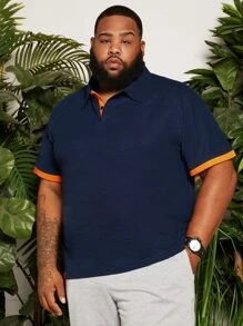 Manfinity Men Plus Contrast Trim Patch Detail Polo Shirt - Navy Blue - View 6