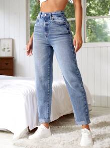 SHEIN Essnce 高腰反摺褲腳直筒牛仔褲 - 淺色水洗藍 - 查看 1