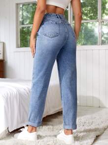 SHEIN Essnce 高腰反摺褲腳直筒牛仔褲 - 淺色水洗藍 - 查看 2