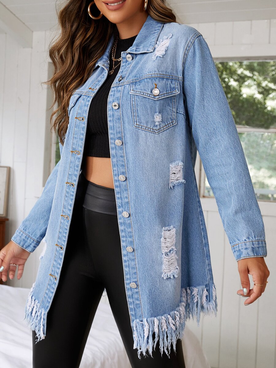 SHEIN Essnce Áo khoác & áo khoác denim nữ Hem thô Bị tách Nút phía trước màu trơn Giải trí - Rửa nhẹ - Xem 1