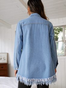 SHEIN Essnce Áo khoác & áo khoác denim nữ Hem thô Bị tách Nút phía trước màu trơn Giải trí - Rửa nhẹ - Xem 2