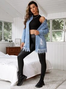 SHEIN Essnce Áo khoác & áo khoác denim nữ Hem thô Bị tách Nút phía trước màu trơn Giải trí - Rửa nhẹ - Xem 3