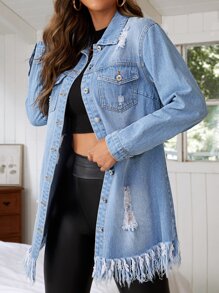 SHEIN Essnce Áo khoác & áo khoác denim nữ Hem thô Bị tách Nút phía trước màu trơn Giải trí - Rửa nhẹ - Xem 5