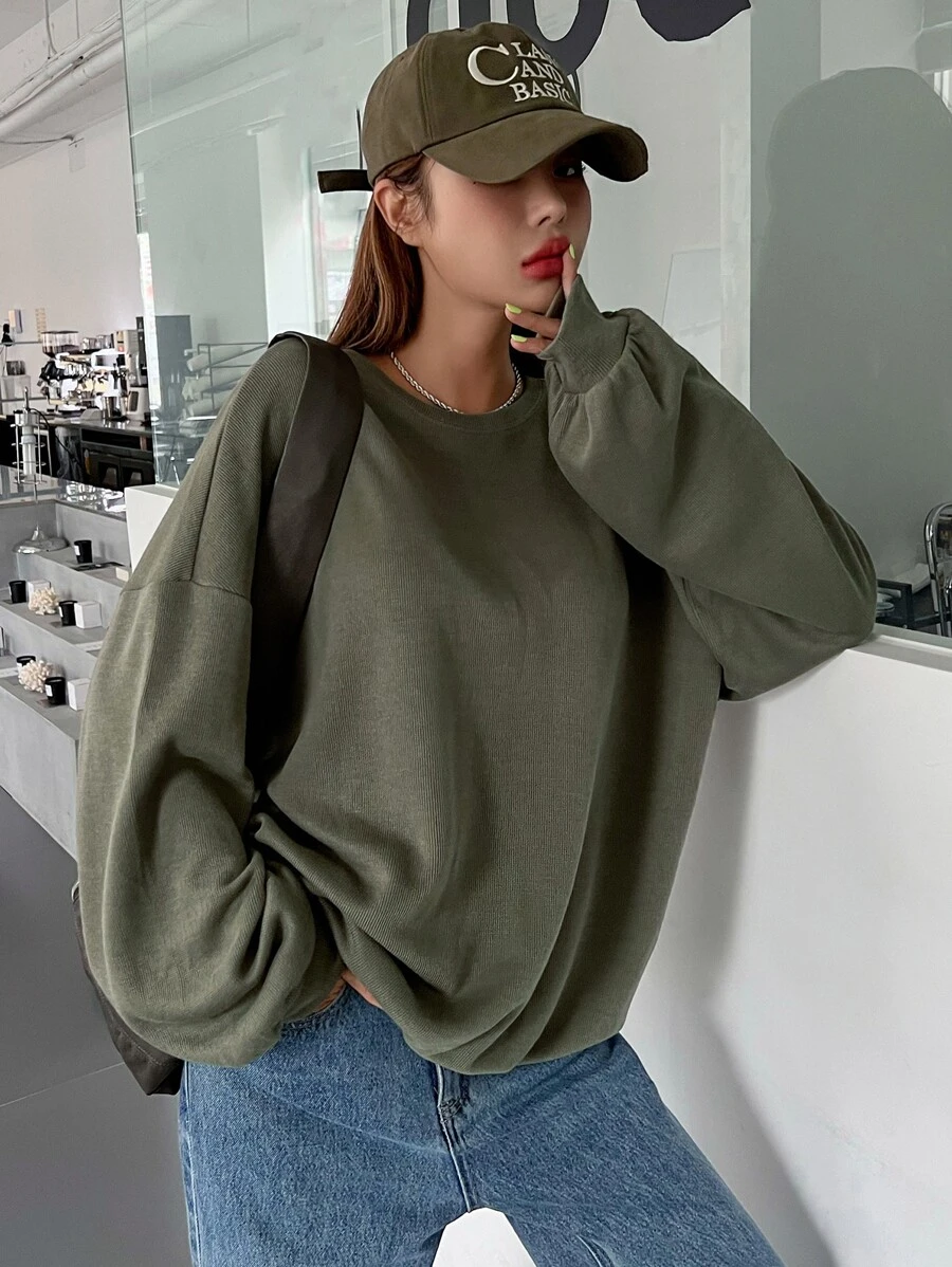 DAZY Áo nỉ Oversized Chất rắn Thả vai - xanh quân đội - Xem 1
