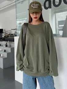 DAZY Áo nỉ Oversized Chất rắn Thả vai - xanh quân đội - Xem 5