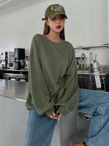 DAZY Áo nỉ Oversized Chất rắn Thả vai - xanh quân đội - Xem 6