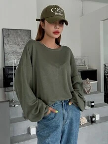 DAZY Áo nỉ Oversized Chất rắn Thả vai - xanh quân đội - Xem 8