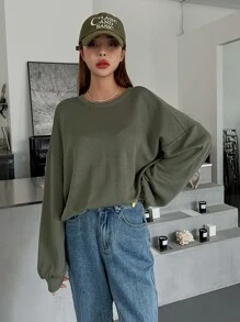 DAZY Áo nỉ Oversized Chất rắn Thả vai - xanh quân đội - Xem 9