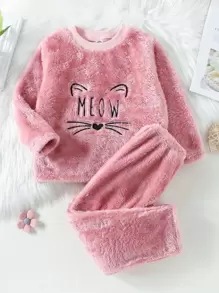 Niñas Conjunto de pijama con dibujos animados y letra con bordado - Rosa - Ver 1