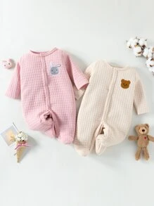 嬰兒2入組卡通刺繡紋理質感包腳連體睡衣 - 彩色 - 查看 1