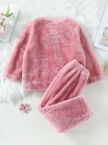 Niñas Conjunto de pijama con dibujos animados y letra con bordado - Rosa - Ver 2