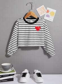 SHEIN 年輕女孩休閒針織軟心設計圓領垂肩條紋長袖套頭毛衣 - 白色 - 查看 1