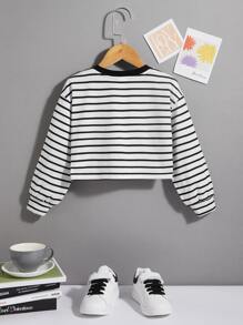 SHEIN 年輕女孩休閒針織軟心設計圓領垂肩條紋長袖套頭毛衣 - 白色 - 查看 2