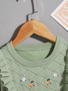 SHEIN 小女童花卉刺繡荷葉邊毛衣裙