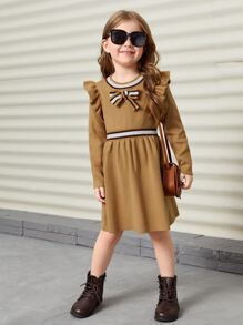 SHEIN Váy len cho bé gái Nơ Bướm Xù Sọc Sẵn sàng - Lạc đà - Xem 1