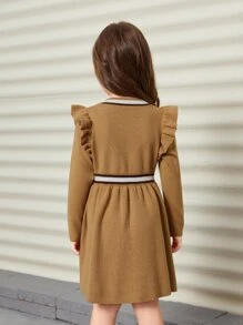 SHEIN Váy len cho bé gái Nơ Bướm Xù Sọc Sẵn sàng - Lạc đà - Xem 2