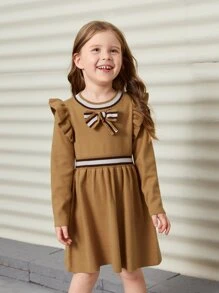 SHEIN Váy len cho bé gái Nơ Bướm Xù Sọc Sẵn sàng - Lạc đà - Xem 3